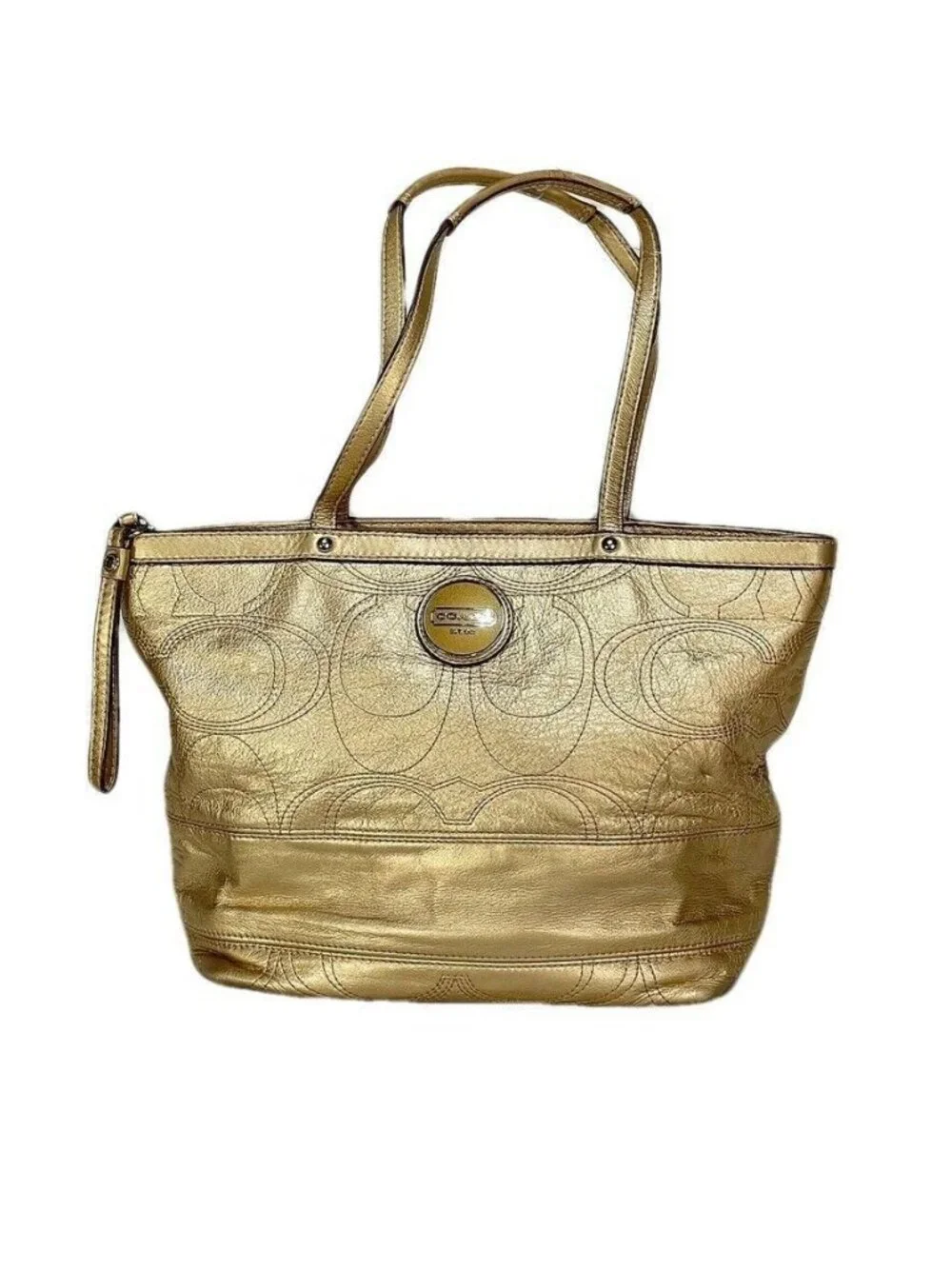Gold COACH Signature Metallic Tote Bag With Logo & Zip Closure